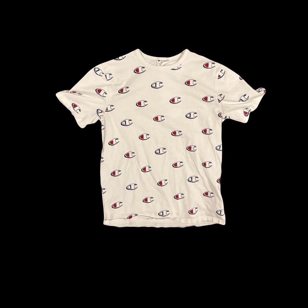 Champion All-Over Logo Print T-Shirt Short Sleeve Crewneck Pullover White Mens L